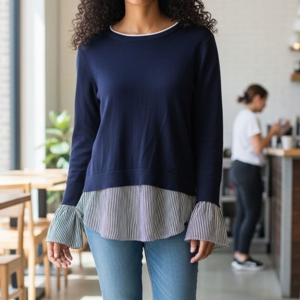 New York & Co Women's Size Small Sweater Navy Blue Blouse Hem Cuffs Striped Crew